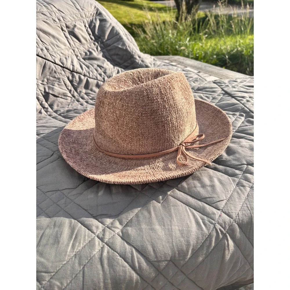 Boho Fedora Hat OS Mauve Brown Polyester Knit Faux Leather Bow Trim Adjustable‎